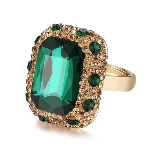 HZMAN Crystal Ring for Women Retro Antique Rhinestone Ring Cubic Zirconia Gold Plated Turkish Ring Jewelry Gift - color: Green-Square