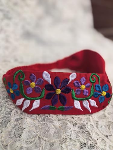 FANFAN Boho Mexican Embroidered Headband - Floral Elastic Hair Band Women Girls Wedding Festival Daily Wear E9 (Red, One Size) - color: Red