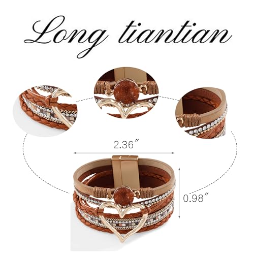 Long tiantian Leather Bracelets for Women Warp Bracelet Stackable Boho Layered Bracelet Chunky Heart Trendy Birthday Gifts for Her - color: B12:Bohemian Bracelet(Brown)