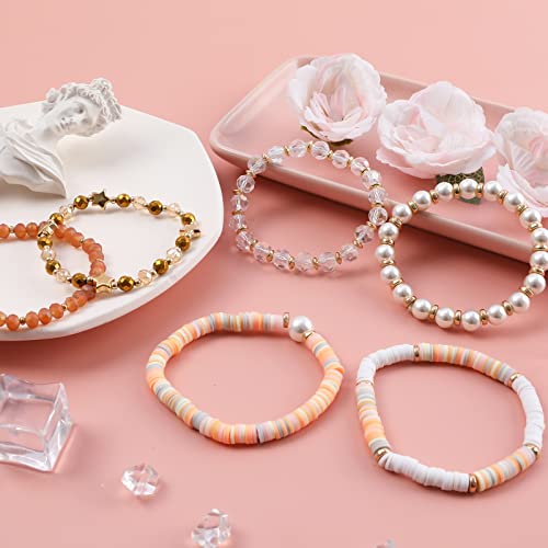 Colorful Heishi Surfer Bracelets Set for Women Stackable Clay Beaded Bracelets Disc Stretch Preppy Bracelets Smiley Face Friendship Bracelets Team Cheer Bulk Boho Summer Beach Jewelry Gift - color: Pearl Beads