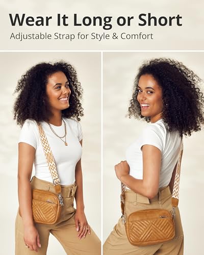 Vantamo Premium Quilted Crossbody Bags for Women with Anti-Pickpocket Clip, Vegan Leather Handbags, Travel Purses for Women - color: Shoulder Bag Lightbrown Jacquard Strap