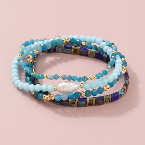 Tila Flat Beaded Stretch Bracelet for Women,Bohemian Friendship Bead Bracelets Handmade Stack Boho Jewelry Accessory for Everyday Wear, Vacation and Friend Gifts - color: blue