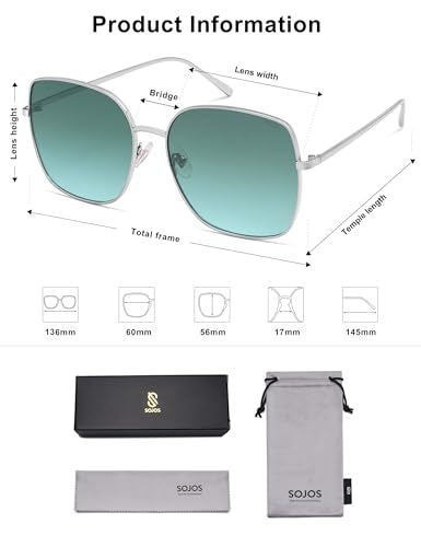 SOJOS Trendy Oversized Square Metal Frame Sunglasses for Women Men Retro Big Flat Lens UV Protection Sunglasses SJ1146 - color: Silver/Gradient Bluish-green