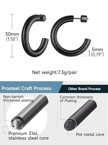 Stainless Steel Chunky Hoop Earrings For Women, Minimalist and Chic, Black/Gold Plated, Round Hoops Earrings Hypoallergenic, Size: 30mm/40mm/60mm/80mm, Come with Box - color: 2. Black, size: 30MM