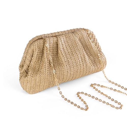 Huralona Women Straw Woven Clutch Purse Pleated Handbag for Summer Beach Vacation Straw Shoulder Crossbody Bag - color: Khaki