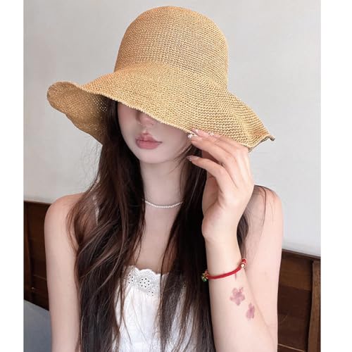 Women Straw Sun Hat Summer Beach Hats Foldable Floppy Cap Wide Brim Bucket Hat Solid Handmade Sun Protection Caps - color: Beige