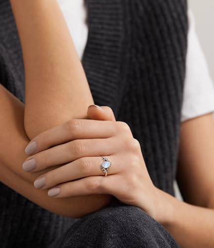 Genuine Turquoise Ring for Women Western Oval Gemstone Jewelry 925 Sterling Silver Leaf Bohemian Boho for Her Wife Mom - color: Moonstone