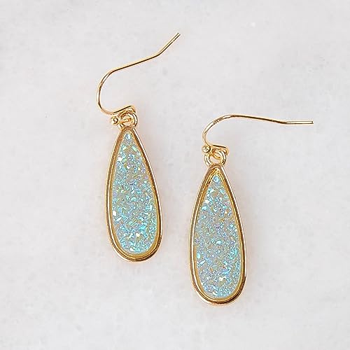 Teardrop Dangle Earrings for Women with Simulated Druzy Stones, in Gold or Rose Gold Tone - color: Gold - Aqua Glitter Stone