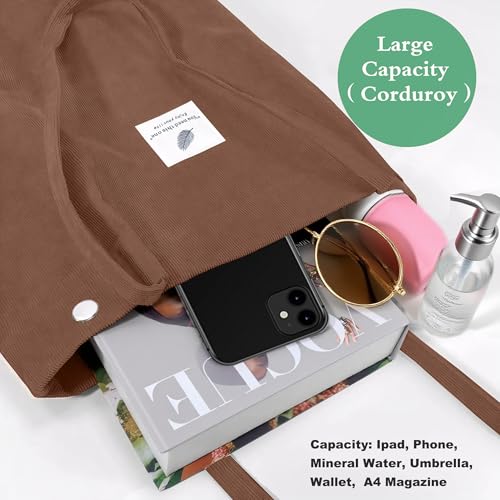 Corduroy Tote Bag for Women Small Canvas Shoulder Purse Cord Handy Bag with Inner Pocket | with Front Pocket - color: 02 Brown