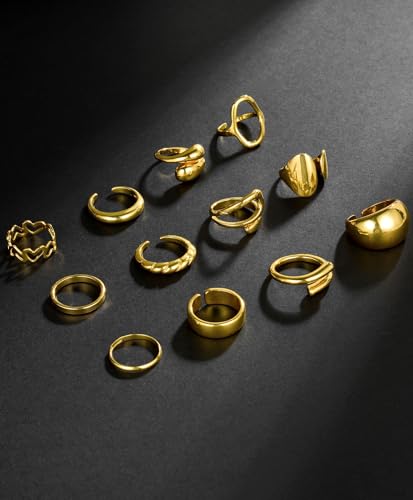 12Pcs Gold Chunky Rings 18K Gold Plated Stackable Open Knuckle Ring Set Hollow Heart Twist Croissant Dome Band Statement Finger Rings for Women Gold Silver Tone Adjustable - color: A-Gold