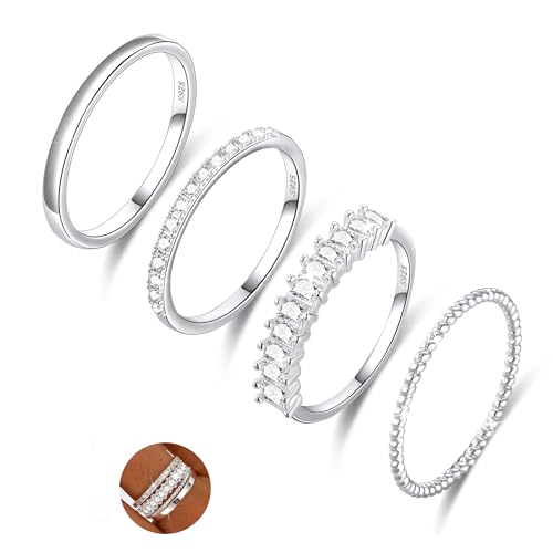 Sterling Silver Ring for Women, 4PCS Thin Stackable Rings Cubic Zirconia Thumb Ring Set Engagement Statement Wedding Bands for Women Size 5-10 - color: Diamond set, size: 5 (Circum 49.5mm)