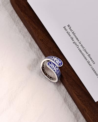 Vintage 14K Gold Plated and Silver Spoon Ring – Adjustable Ring with Carving Design for Women, Unique Boho Open Ring for Gift - color: Silver & Blue