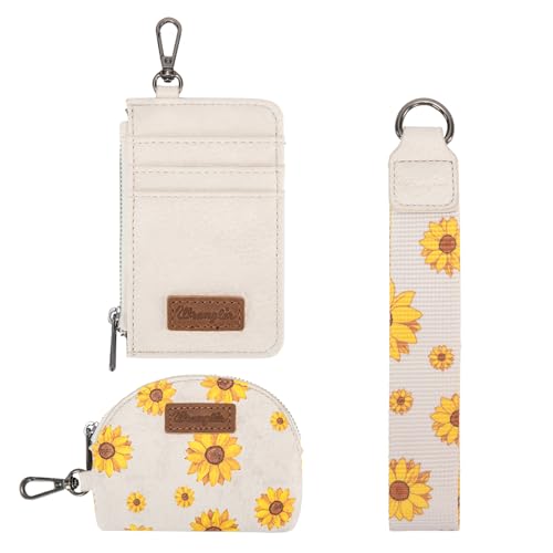 Wrangler KeyChain Wristlet Wallets for Women Sunflower Floral Dual Pouch Wristlet Western Credit Card Holder Wallet with Zipper Pocket - color: Sunflower Tan