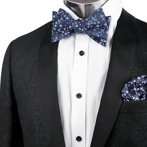 Alizeal Mens 2pcs Classic Floral Pattern Self-tied Bow Tie and Handkerchief Set - color: 045-navy+light Blue
