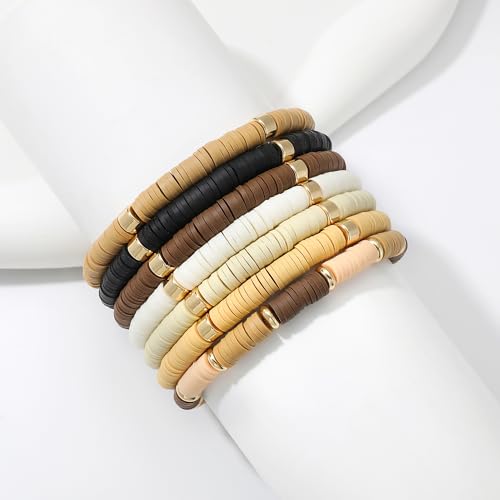 GOOJIDS Surfer Heishi Clay Bead Bracelets for Women Bohemian Stackable Gold Plated Beaded Stretch Bracelets Elastic Layering Friendship Bracelets Set Boho Jewelry - color: B-New Brown Color C