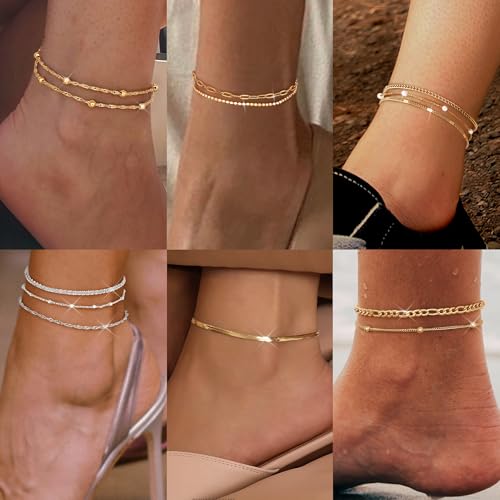 LOYALLOOK Ankle Bracelets for Women Waterproof, 14K Gold Plated Cuban Figaro Link Chain Beaded Anklets Set, Dainty Layered Anklets for Women Non Tarnish Summer Beach Foot Jewelry Adjustable Size - color: Double layered-14K Gold