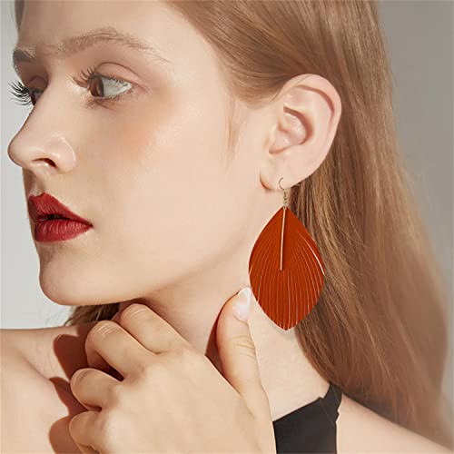 Minimalist Handmade Lightweight Large Soft Faux Leather Fringe Feather Dangle Drop Earrings Bohemian Huge Leaf Hook Earrings with Bar for Women - color: Orange