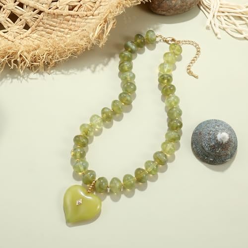 Elegance 11 designs Chunky Heart Necklace for Women, Colorful Acrylic Beaded Statement Puff Heart Necklace, Cute Boho Y2K Choker Necklace for Gift Jewelry - color: Green