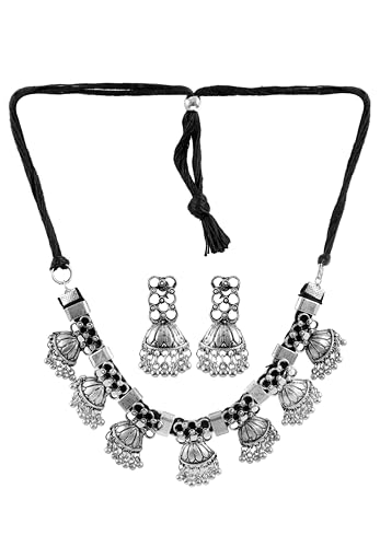 Indian Designer Statement Afghani Silver Oxidised Dual Tone Ethnic Traditional Tassel Choker Necklace Jewelry Women - color: Silver 1
