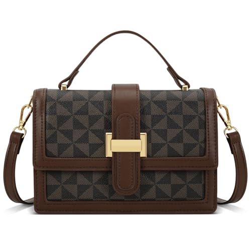 KKXIU Crossbody Bags for Women - Top Handle Purses for Lady, Leather Handbags Shoulder Clutch with Adjustable Shoulder Strap - color: Brown Checkered