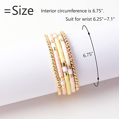 GOOJIDS Surfer Heishi Clay Bead Bracelets for Women Bohemian Stackable Gold Plated Beaded Stretch Bracelets Elastic Layering Friendship Bracelets Set Boho Jewelry - color: B-Beige Surfer Color & Gold Bead