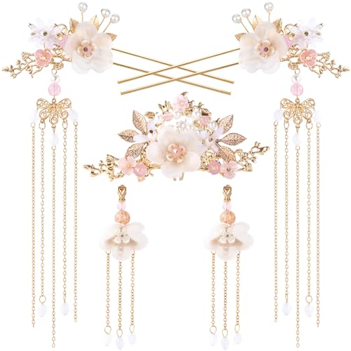 HINZIC 5PCS Silk Flower Tassels Hairpin, Crystal Rhinestone Pearl Hair Clips Headpiece Retro Flower Chinese Hanfu Wedding Brides Hair Accessories Jewelry for Women Girls Updo Long Hair - color: Pink-3pcs