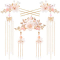 HINZIC 5PCS Silk Flower Tassels Hairpin, Crystal Rhinestone Pearl Hair Clips Headpiece Retro Flower Chinese Hanfu Wedding Brides Hair Accessories Jewelry for Women Girls Updo Long Hair - color: Pink-3pcs