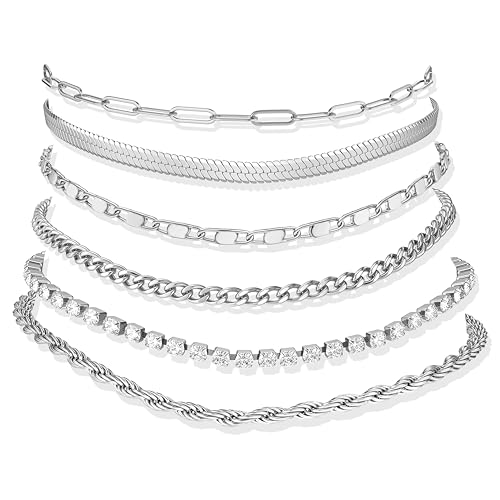 Besteel Ankle Bracelets for Women Waterproof - 14K Gold Plated Non Tarnish Layered Cuban Link Chain Rope Figaro Herringbone Anklets Set Plus Size Anklet Summer Foot Jewelry Gift Adjustable 8-12 Inch - style: 6 Pcs Steel Tennis-8.5+2.5 Inch