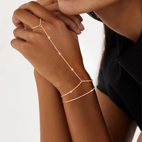 Moodear Gold Hand Chain Bracelet for Women - 14K Gold Plated/Sterling Silver Layered Adjustable Satellite Bead Paperclip Dot CZ Link Hand Chain Ring Bracelets Non Tarnish Trendy Jewelry Gift - style: Sparking hand chain