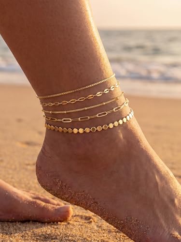 14K Gold/Silver Plated Ankle Bracelets for Women Anklet Set Waterproof Tarnish Resistant Adjustable Dainty Layered Lightweight Hypoallergenic Vacation Beach Pool Party Summer Jewelry Gift - style: Style6