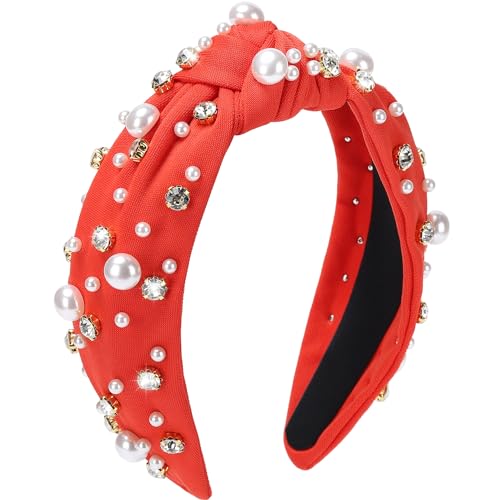 WantGor Pearl Knotted Headband, Women Rhinestone Embellished Hairband Elegant Wide Top Knot Bride Headbands Headpieces Party Fashion Elegant Ladies Hair Band Hair Hoop Accessories (Red) - color: Red
