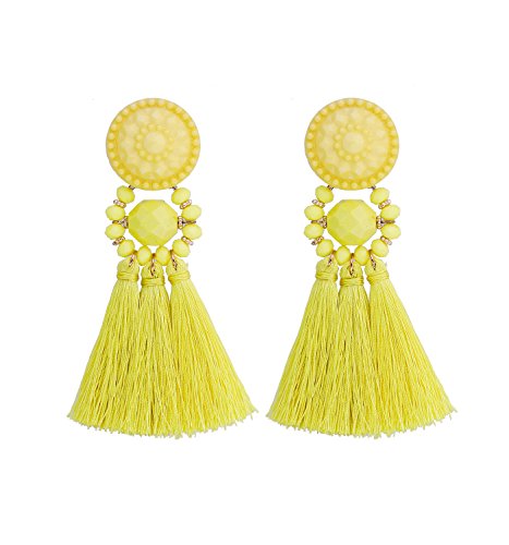 boderier Bohemian Statement Thread Tassel Chandelier Drop Dangle Earrings with Cassandra Button Stud - color: Yellow
