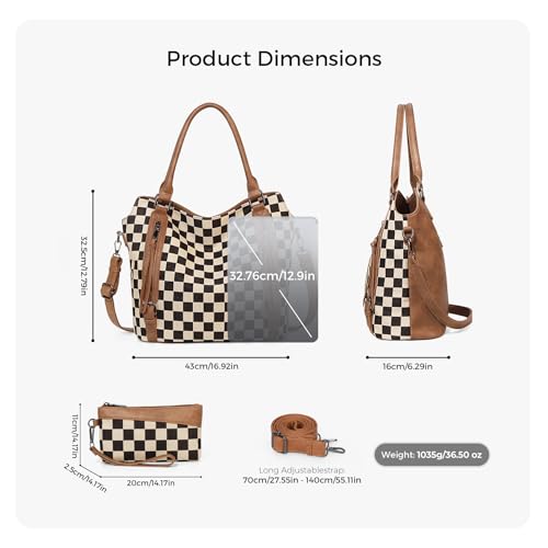Women's PU Leather Checkered Shoulder Bag with Wallet Set, Large Capacity Tote Crossbody Bag for Daily Use Travel Work