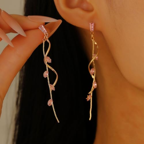 Temperament Long Zircon Tassel Earrings for Women Charm Jewelry Sparkling Crystal Leaves Twist Dangle Earrings for Friends - color: Gold-Pink Leaves