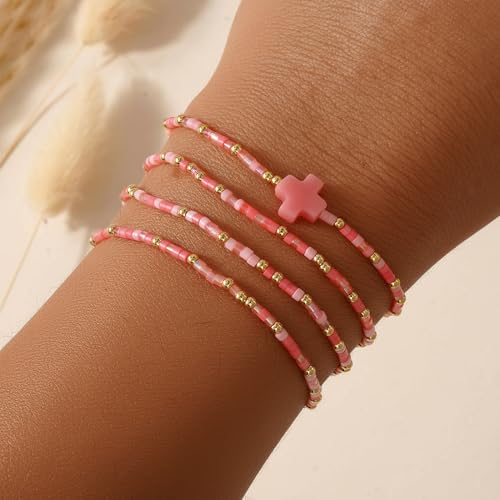 Gold Colorful Beaded Cross Bracelet Stack Set for Women,Handmade Bohemian Seed Beads Stacked Bracelets Fashion Holiday Jewelry Gift - color: Pink