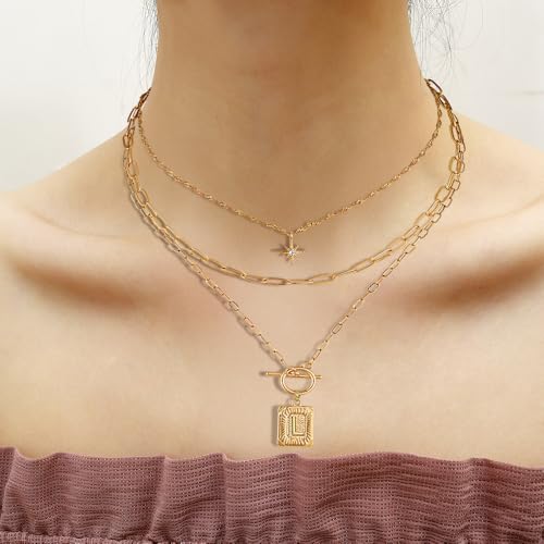 Paxuan Dainty Gold 3-Layer Personalized Initial Necklace for Women - 18K Gold Layered Letter Pendant Necklace Adjustble Paperclip Chain Choker Necklace Jewelry Gifts with Star Charm - style: Letter O