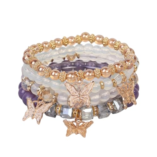 LOTSOF Boho Flower Beaded Bracelet Set for Women - Multilayer Crystal & Flower Charm Stackable Bracelets, Fashion Jewelry Gift for Her - color: Purple Butterfly
