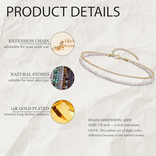 Ankle Bracelet for Women, Dainty 18k Gold Natural Stone Beaded Anklet Adjustable Double Ankle Chain Waterproof Summer Boho Foot Jewelry Birthday Anniversary Graduation Gifts - color: Moonstone