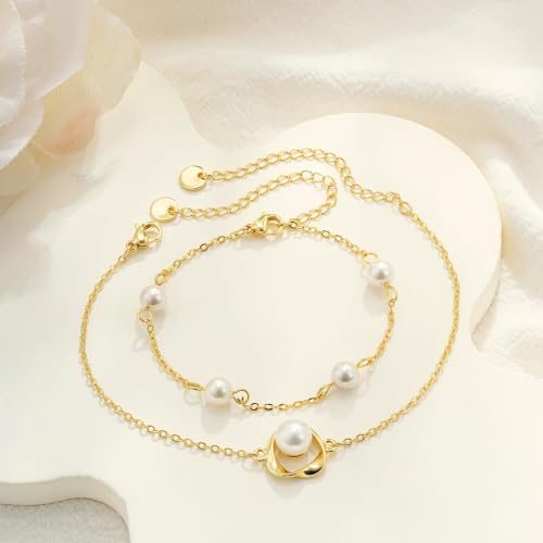 Pearl Bracelets for Women, Dainty 18K Gold Plated Pearl Beaded Bracelet Stack Trendy Thin Link Chain Charm Bracelets Set, Wedding Bridesmaid Mother Gifts Jewelry for Women
