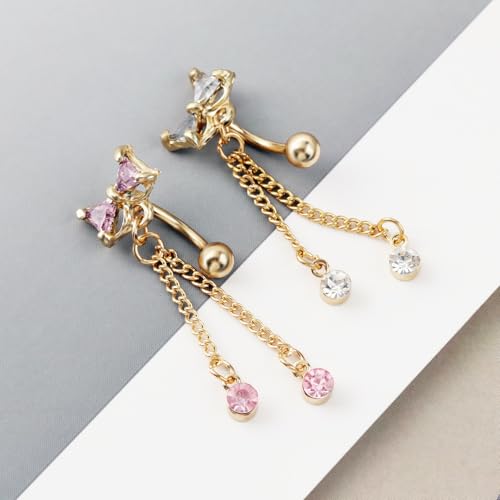 14G CZ Bowknot Reverse Belly Button Rings for Women Stainless Steel Pink Purple Crystal Bow Chains Tassel Dangle Belly Navel Rings Navel Curved Barbell Body Piercing Jewelry - color: White