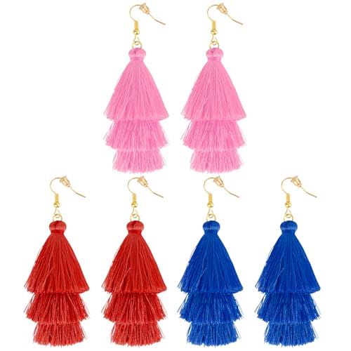 Earrings for Women Dangling, Layered Tassel Earrings Fringe Earrings Bohemian Studs Drop Earrings - color: Pink Red Blue