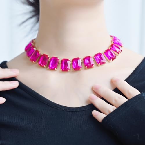 Fashionable Chunky Plated Tennis Rhinestone Statement Necklace Jewelry Set for Women Multicolor gem necklace with Great Sparkle and Shine Design for Women to Easy Match - color: fuchsia red square Rhinestone
