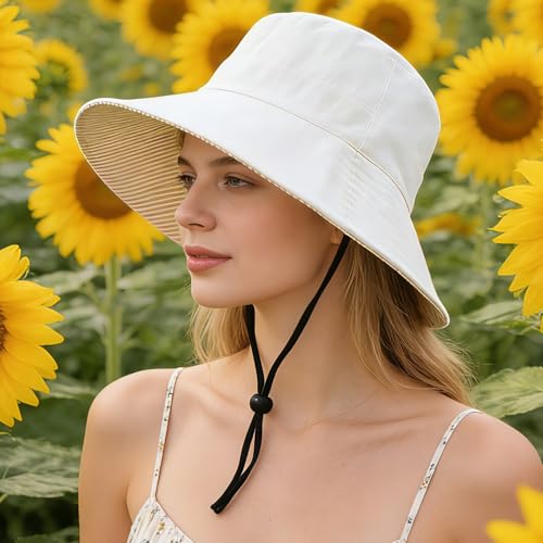 Women's Summer Sun Hat - Reversible Design with Striped Lining Adjustable Brim for Travel and Outings Cap - color: Stripes-beige