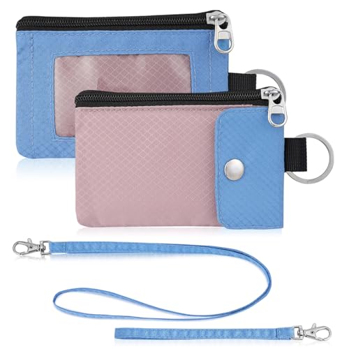 Artpaxy Minimalist Wallet For Mens Womens, Keychain RFID Blocking Zipper Small Wallet with ID Window 2 Lanyards,Water Resistant Travel Cash Card Coin Case Boys Girls - color: Light pink purple+Light blue, style: Casual