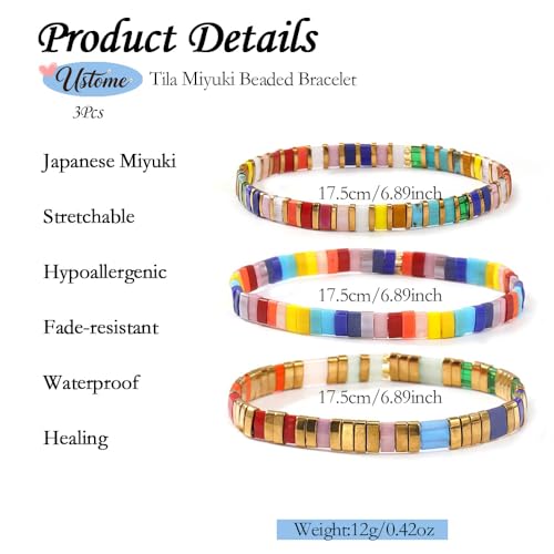 Tila Flat Square Stack Beaded Bracelets Set for Women Men, Boho 3Pcs Romantic Handmade Healing Gold Colorful Stretch Accessories Jewelry, Daily Vacation Party Holiday Friendship Gift - color: Rainbow
