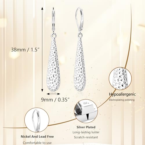 Silver Long Teardrop Dangle Earrings for Women, 14K Gold Plated Hypoallergenic Drop Leverback Earrings, Trendy Long Teardrop Dangle Earings for Jewelry Gifts - color: C-Silver