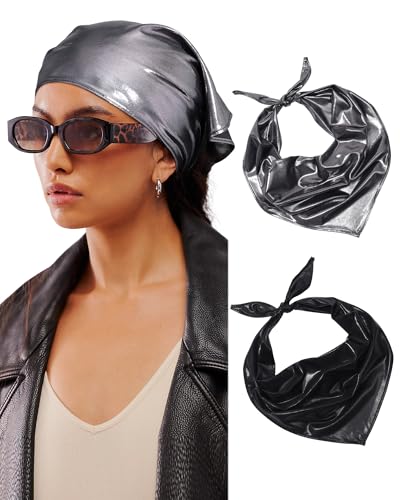 AWAYTR Y2K Hair Bandanas for Women Hair - 2Pcs Punk Head Wraps for Girls Hair Scarf Grunge Disco Head Cover - color: Laser (Black/Dark Grey)
