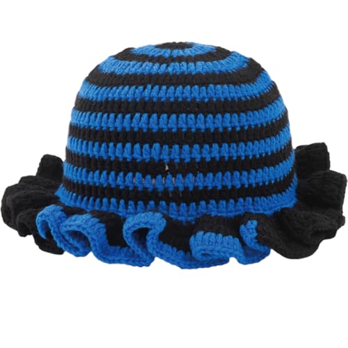 KORADI Womens Crochet Bucket Hat Ruffled Brim Knitted Hats Winter Boho Handmade Caps - color: Blue&black