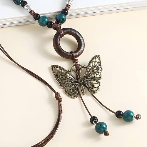 Boho Necklace for Women,Vintage Butterfly Pendant Necklaces,Adjustable Wooden Beads Layered Braided Choker,Fashion Tribal Style Leather Rope Necklace Jewelry,Chunky Statement Gift for Women - color: Bronze-colored