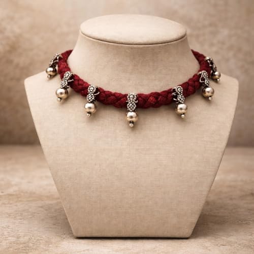 athizay Boho Charm Thread Choker Necklace – Braided Bohemian Choker with Oxidized Silver Dangle Charms | Handmade Boho Jewelry for Women - color: Maroon, Silver